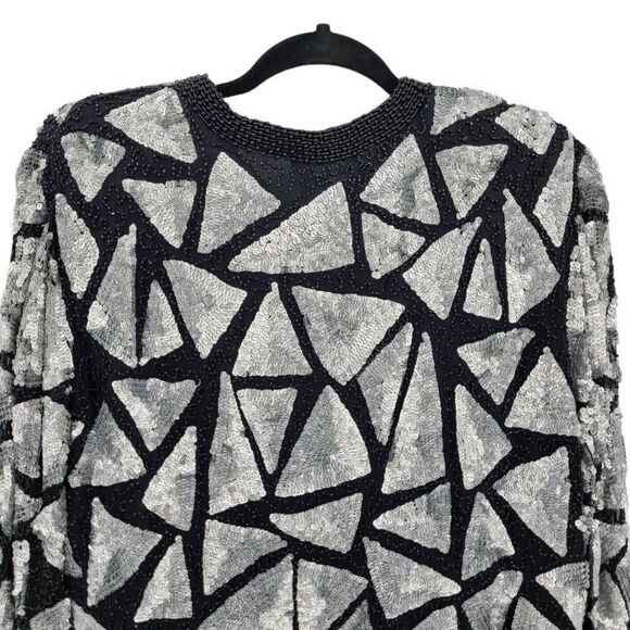 Vtg 80's Sweelo Silk Geometric Black Silver Metallic Sequin Beaded Blazer Sz M - Picture 6 of 12